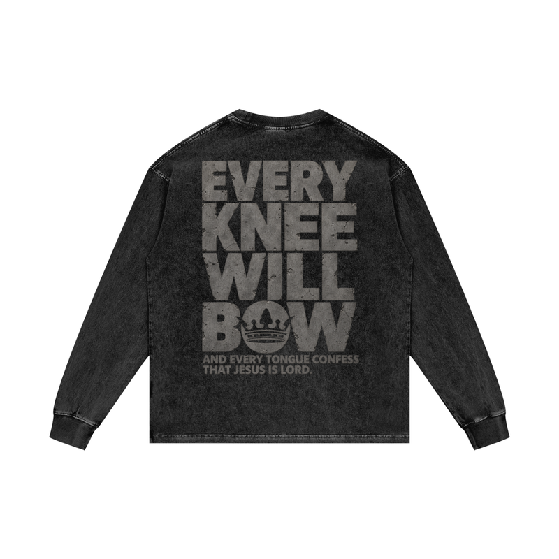Every Knee Will Bow — Acid Wash Oversize Long Sleeve Tee