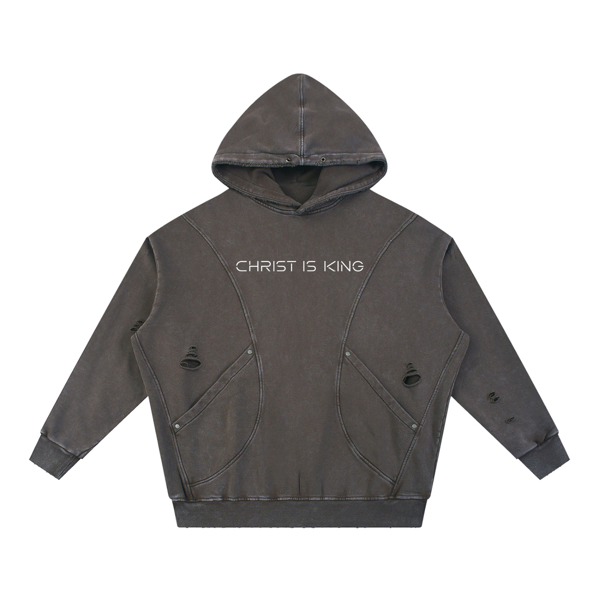 Christ is King - Snow Washed Distressed Panel Pocket Hoodie